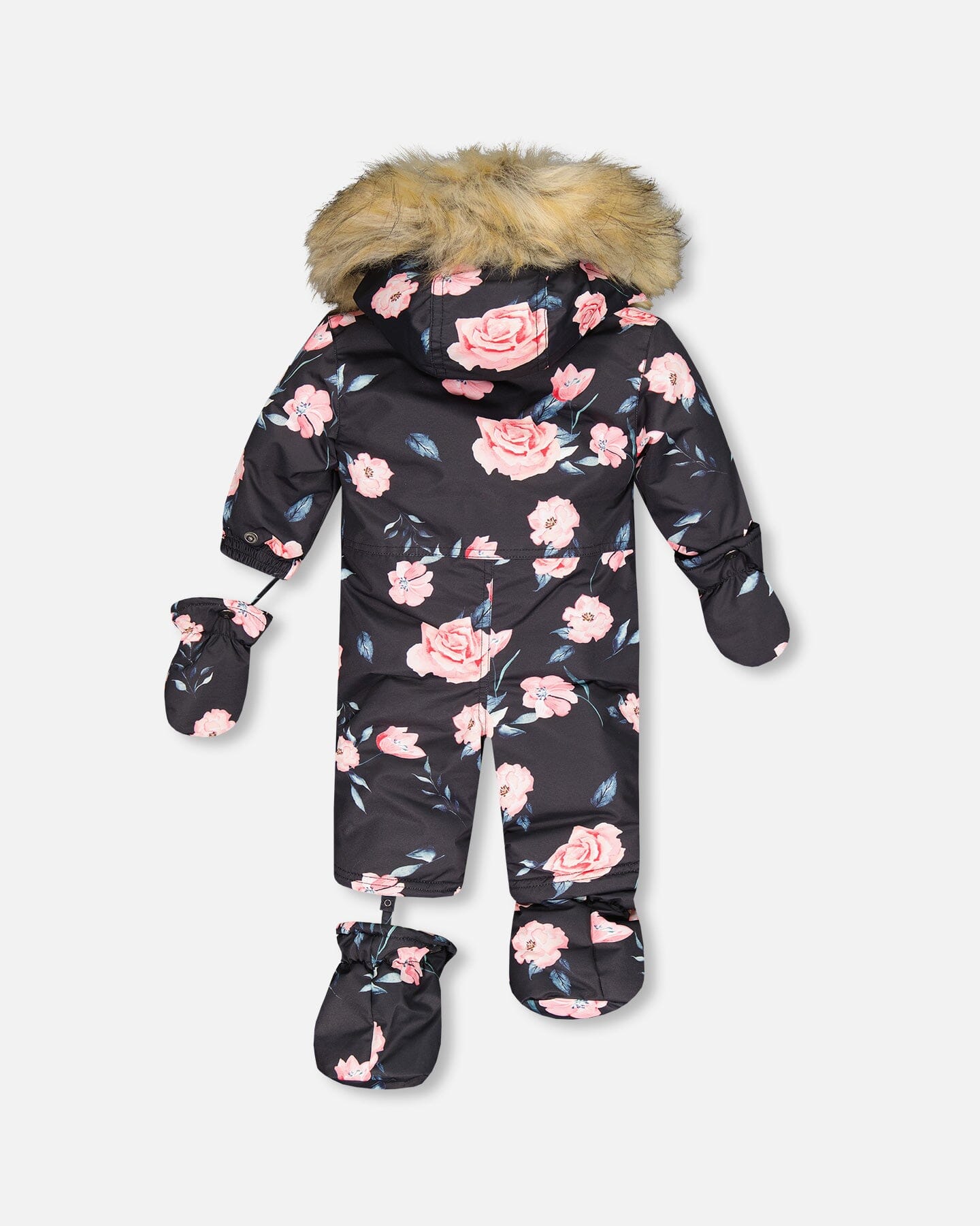 One Piece Baby Car Seat Snowsuit Black With Rose Print Snowsuits Deux par Deux 