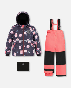 Two Piece Snowsuit Coral And Black With Rose Print - F10C801_628