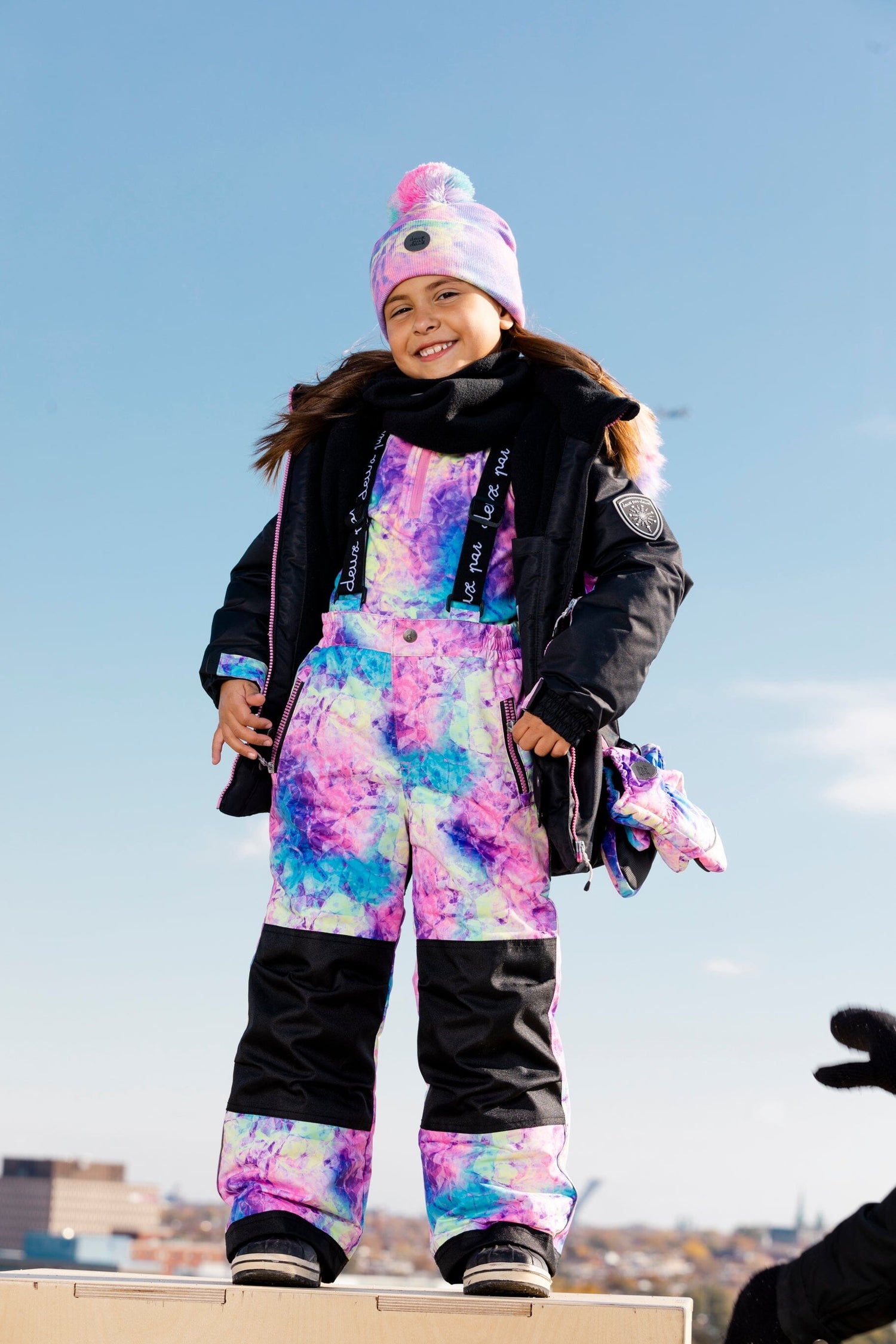 Two Piece Snowsuit Black With Frosted Rainbow Print Snowsuits Deux par Deux 
