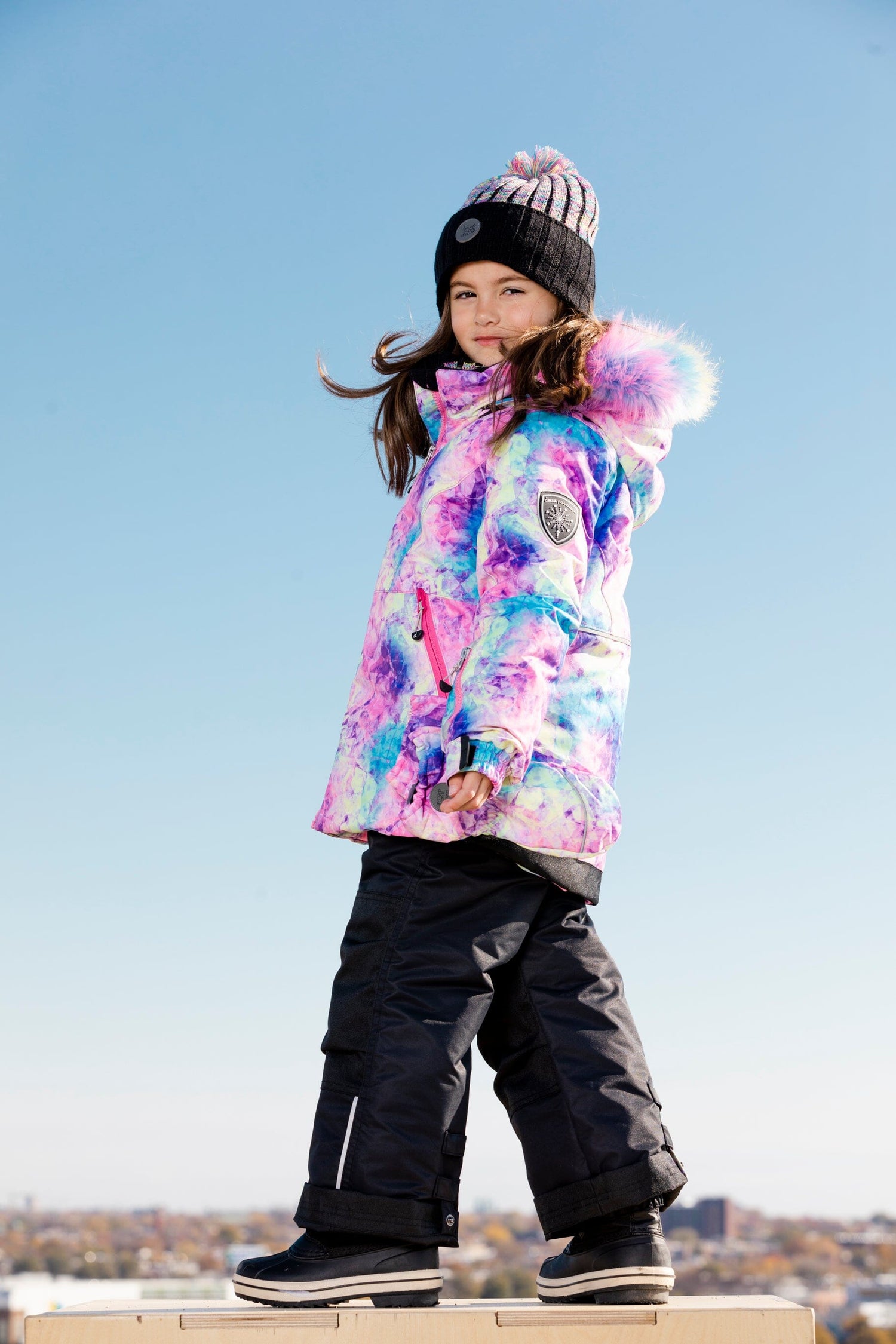Two Piece Snowsuit Frosted Rainbow Print With Black Pant Snowsuits Deux par Deux 