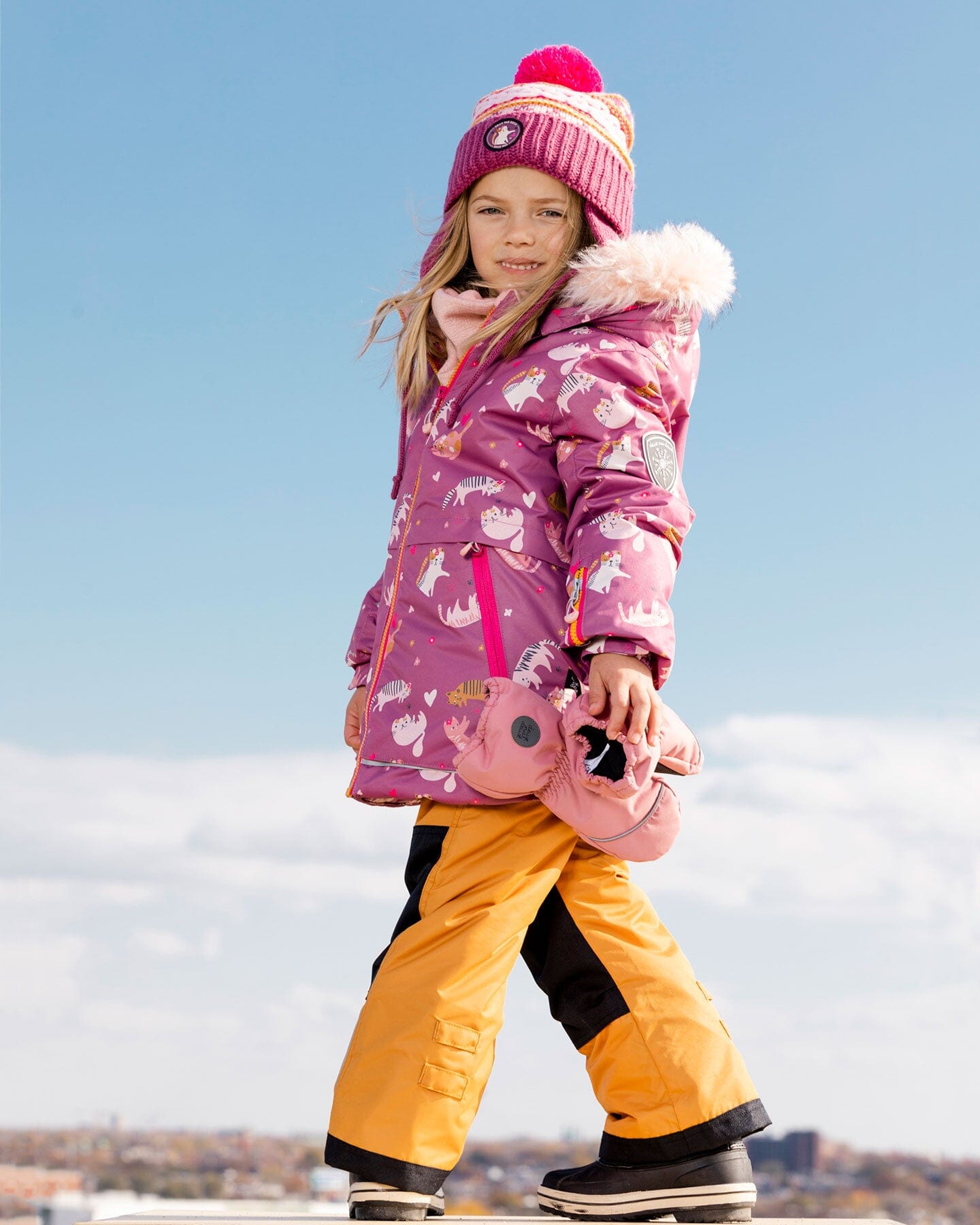 Two Piece Snowsuit Golden Oak With Cat Print Snowsuits Deux par Deux 