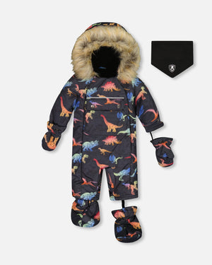 One Piece Baby Car Seat Snowsuit Black With Gradient Dino Print Snowsuits Deux par Deux 