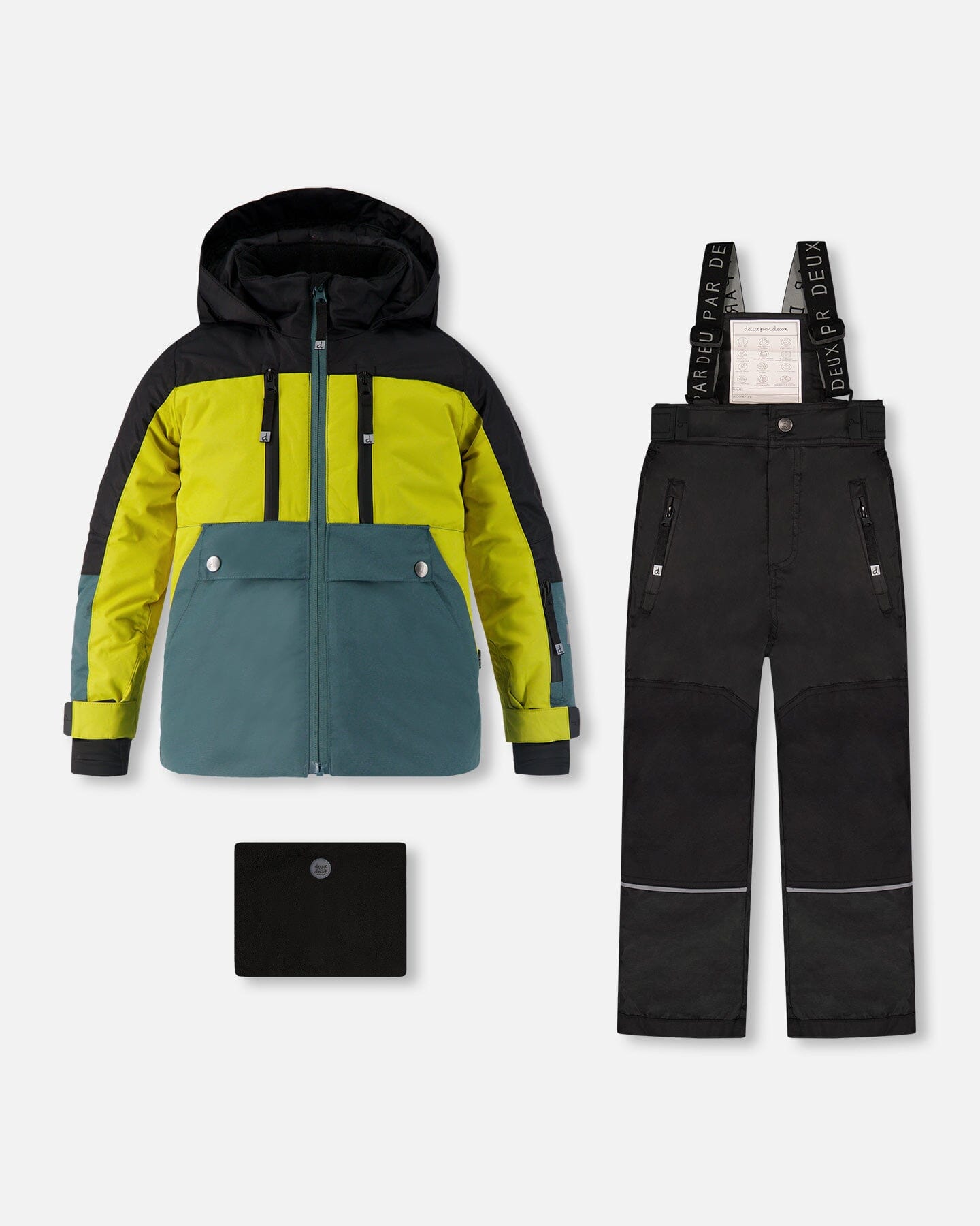 Teknik Two Piece Color Block Snowsuit Set Pine Green, Lemongrass And Black Snowsuits Deux par Deux 