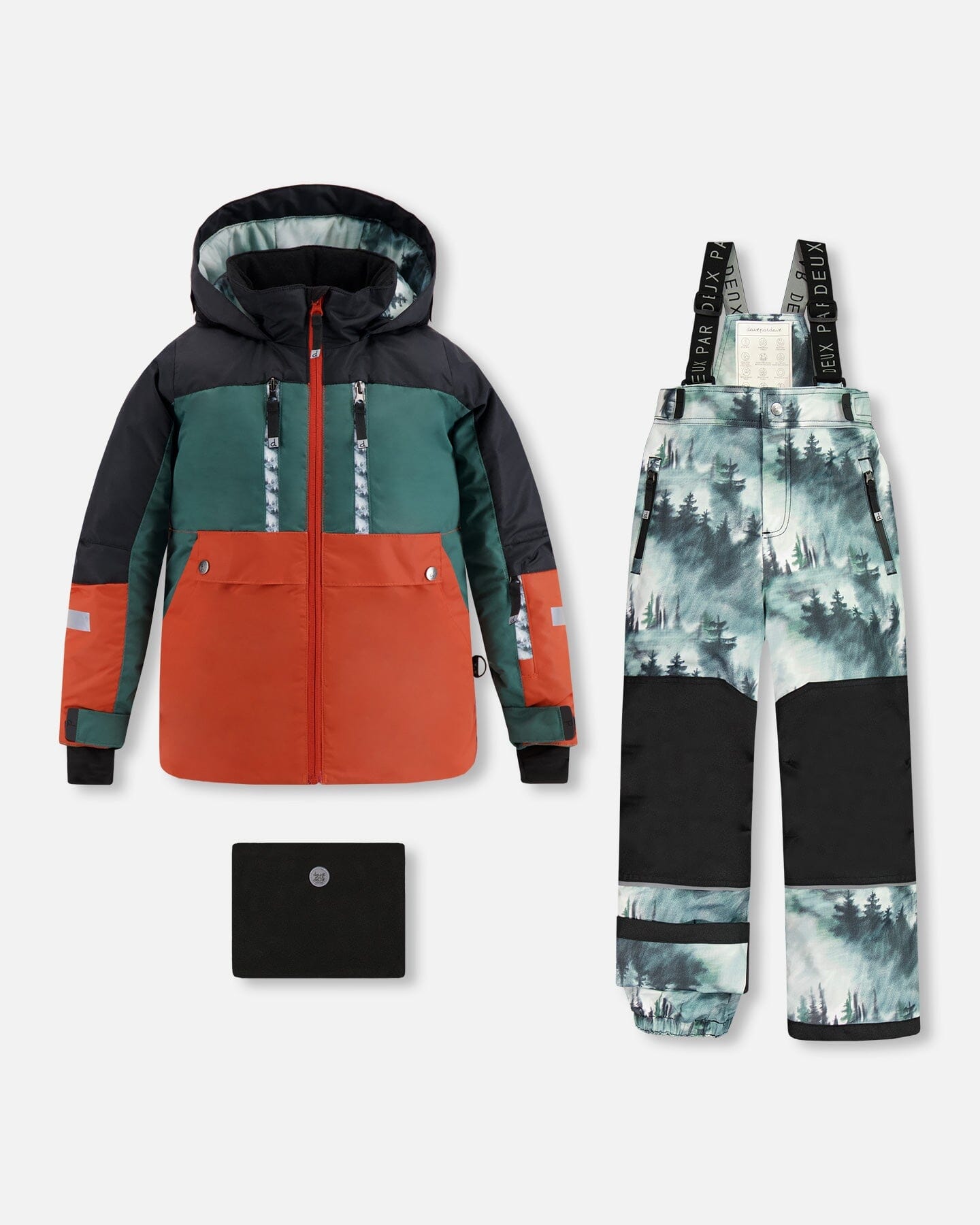 Teknik Two Piece Color Block Snowsuit Pine Green And Orange With Forest Print - F10S811_854