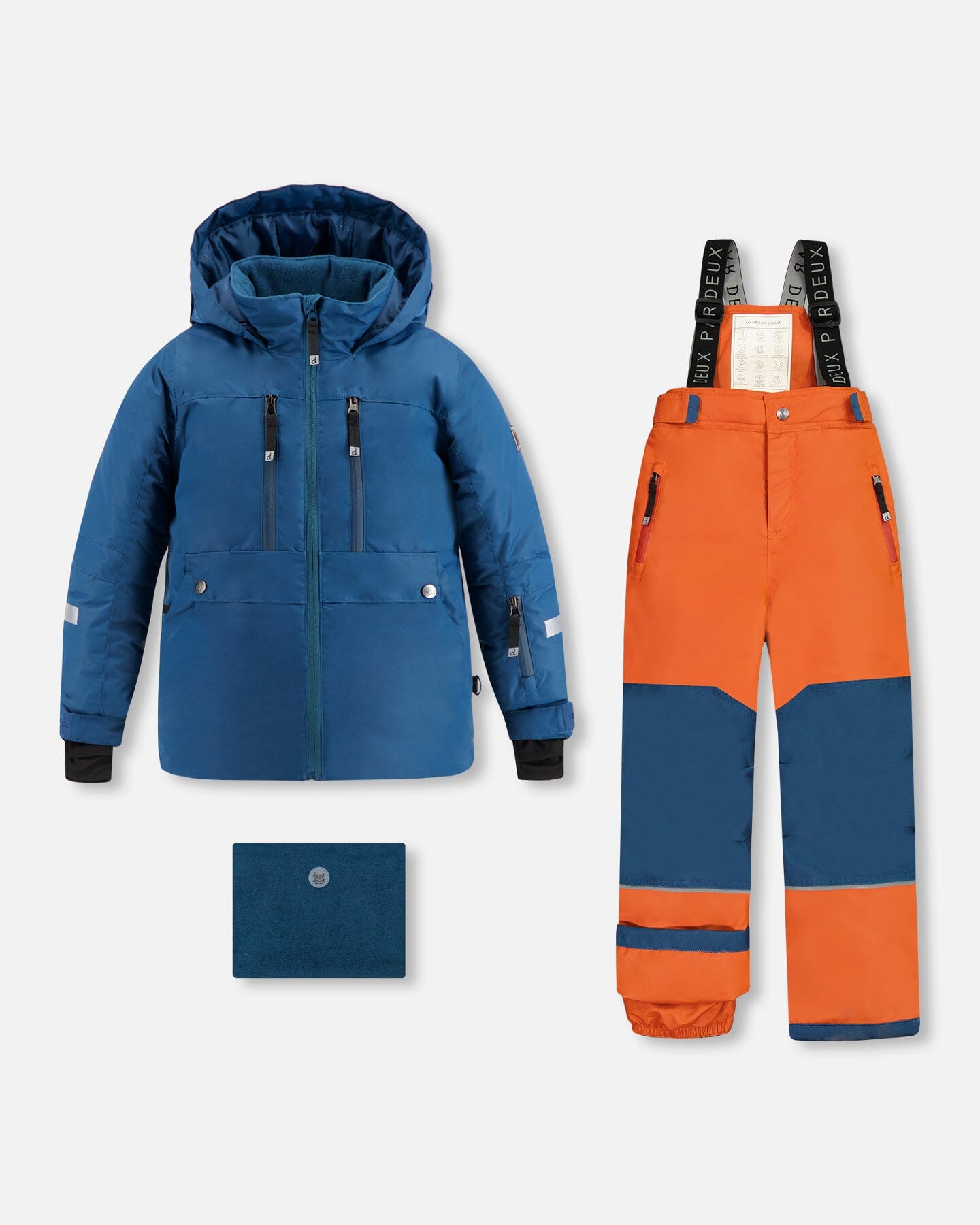 Teknik Two Piece Snowsuit Teal Blue And Fire Orange Snowsuits Deux par Deux 