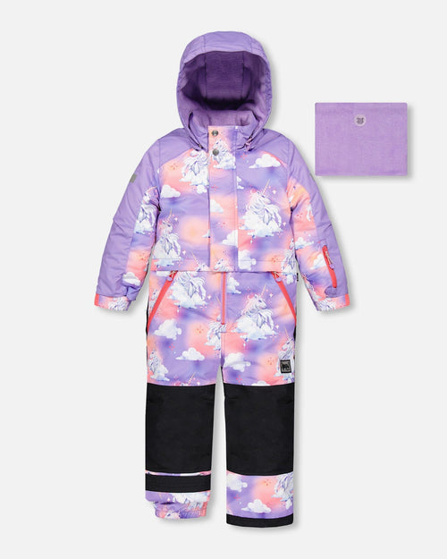 One Piece Lavender Snowsuit With Unicorns In The Cloud Print Snowsuits Deux par Deux 