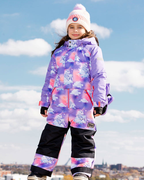 One Piece Lavender Snowsuit With Unicorns In The Cloud Print Snowsuits Deux par Deux 