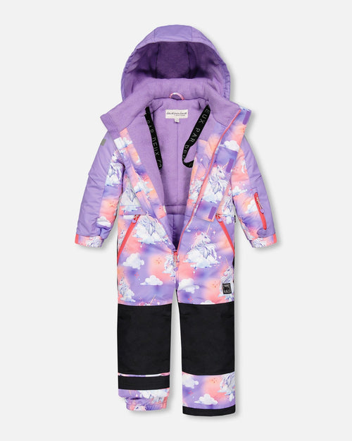 One Piece Lavender Snowsuit With Unicorns In The Cloud Print Snowsuits Deux par Deux 