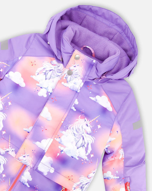 One Piece Lavender Snowsuit With Unicorns In The Cloud Print Snowsuits Deux par Deux 