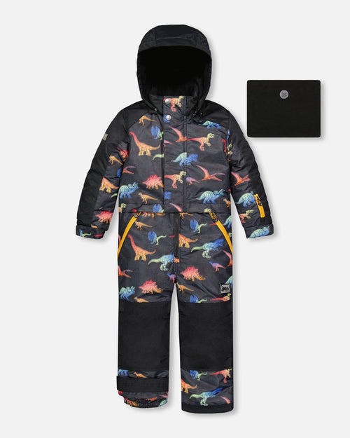 One Piece Black Snowsuit With Gradient Dino Print - F10T720_021