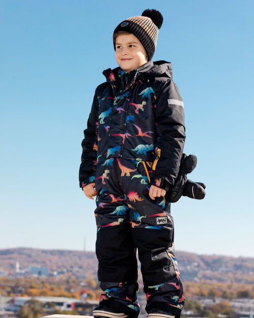 One Piece Black Snowsuit With Gradient Dino Print - F10T720_021