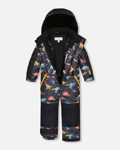 One Piece Black Snowsuit With Gradient Dino Print - F10T720_021