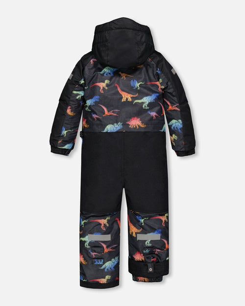 One Piece Black Snowsuit With Gradient Dino Print - F10T720_021