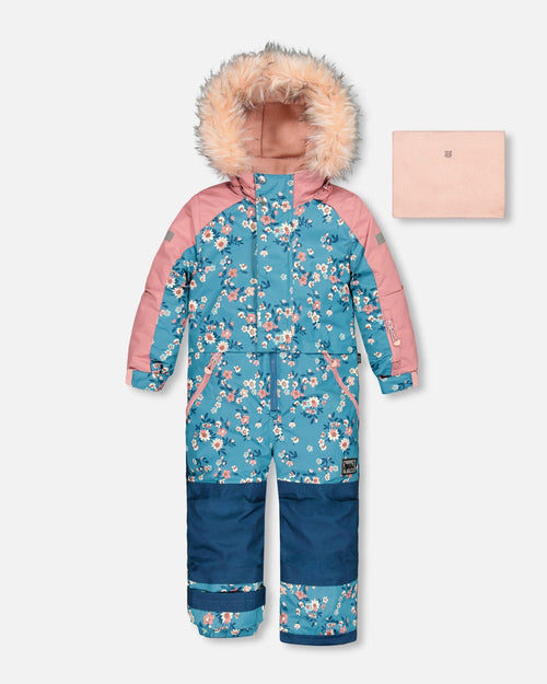 One Piece Snowsuit Teal With Spring Flower Print Snowsuits Deux par Deux 