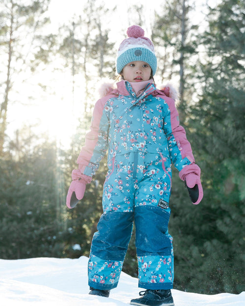 One Piece Snowsuit Teal With Spring Flower Print Snowsuits Deux par Deux 