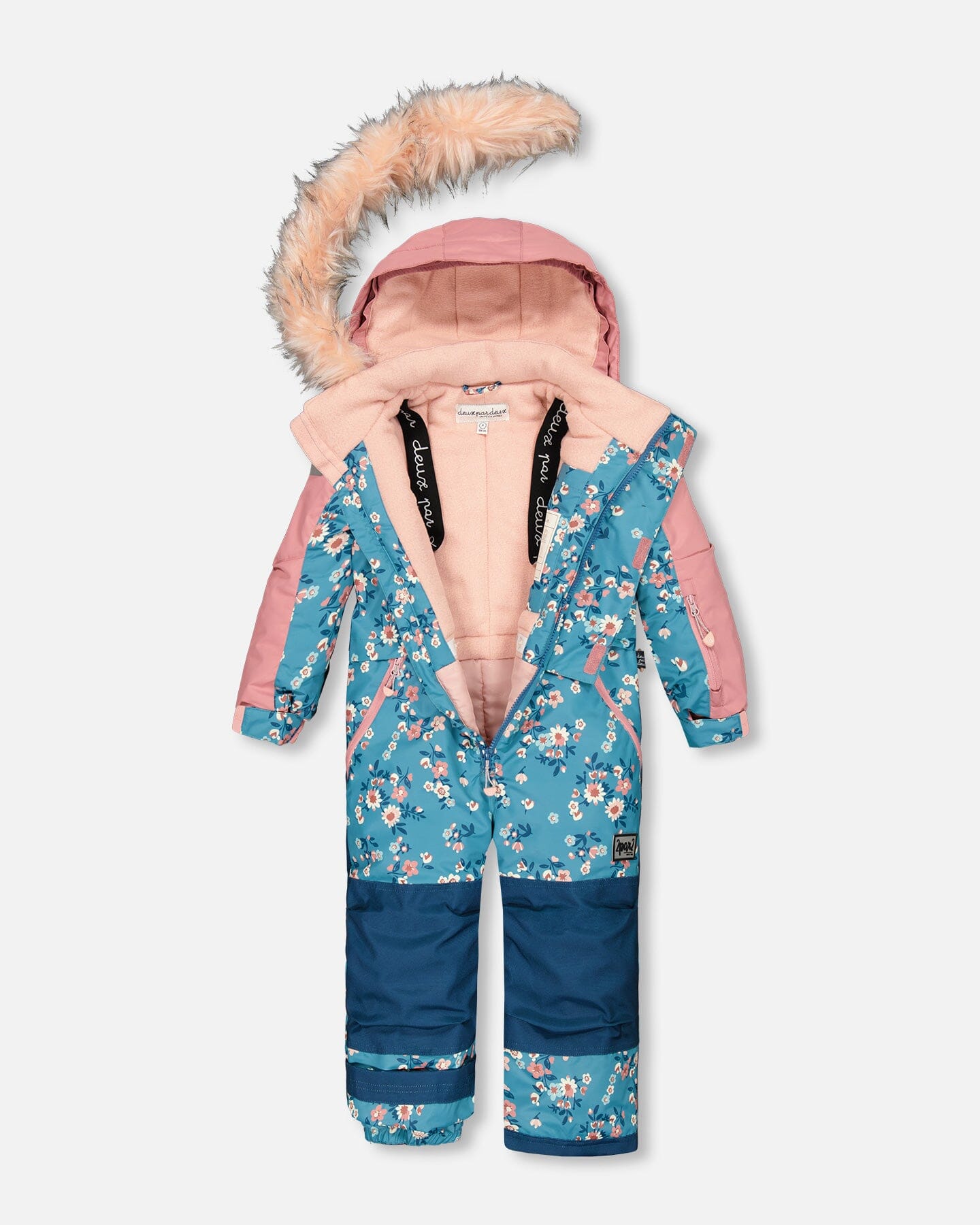 One Piece Snowsuit Teal With Spring Flower Print Snowsuits Deux par Deux 