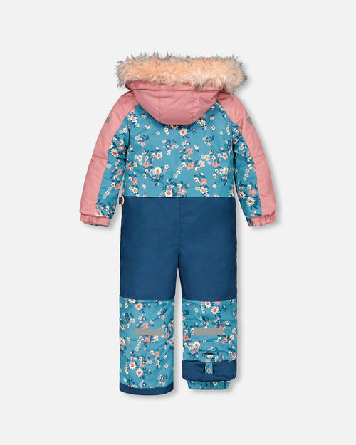 One Piece Snowsuit Teal With Spring Flower Print Snowsuits Deux par Deux 