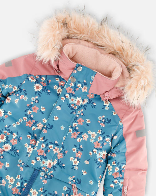 One Piece Snowsuit Teal With Spring Flower Print Snowsuits Deux par Deux 