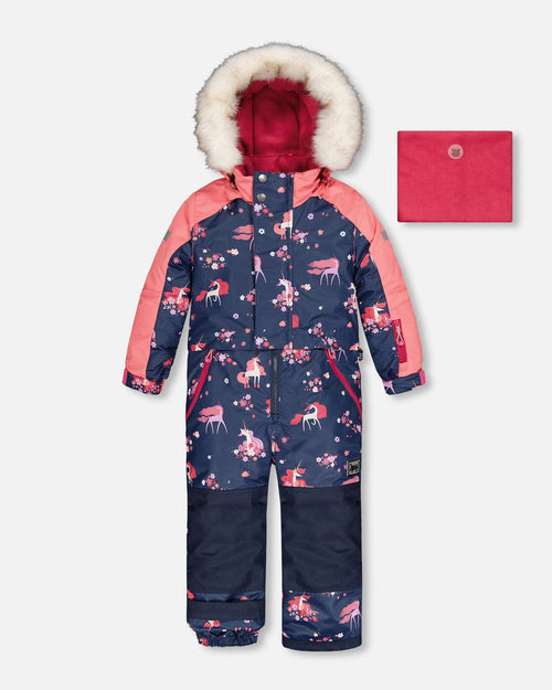 One Piece Snowsuit Navy With Unicorn In The Wind Print Snowsuits Deux par Deux 