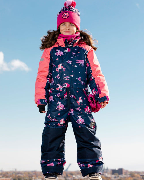 One Piece Snowsuit Navy With Unicorn In The Wind Print Snowsuits Deux par Deux 