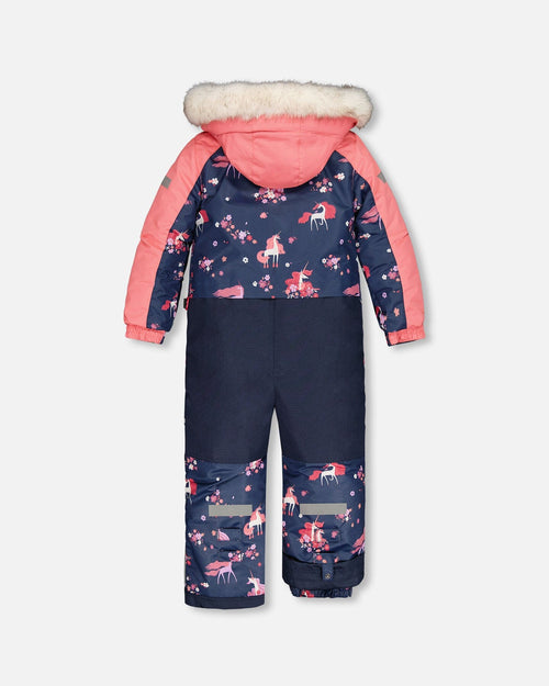 One Piece Snowsuit Navy With Unicorn In The Wind Print Snowsuits Deux par Deux 