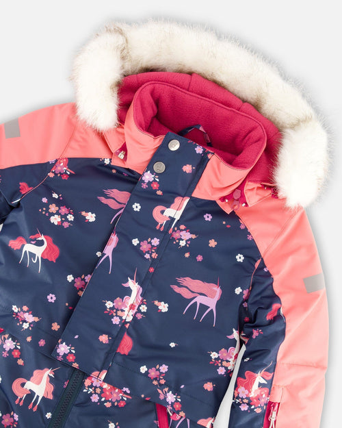 One Piece Snowsuit Navy With Unicorn In The Wind Print Snowsuits Deux par Deux 