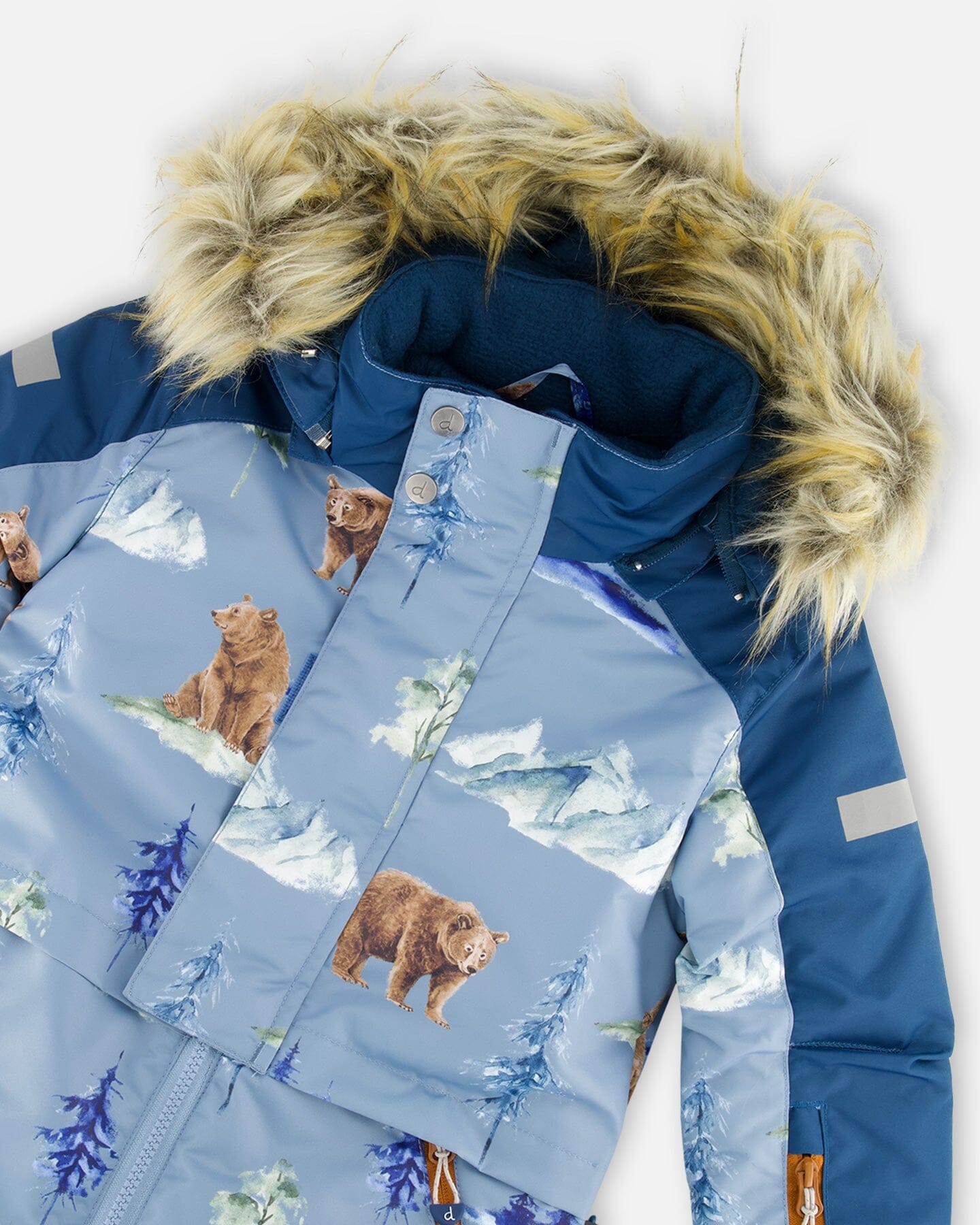 One Piece Snowsuit Blue With Bear Print Snowsuits Deux par Deux 