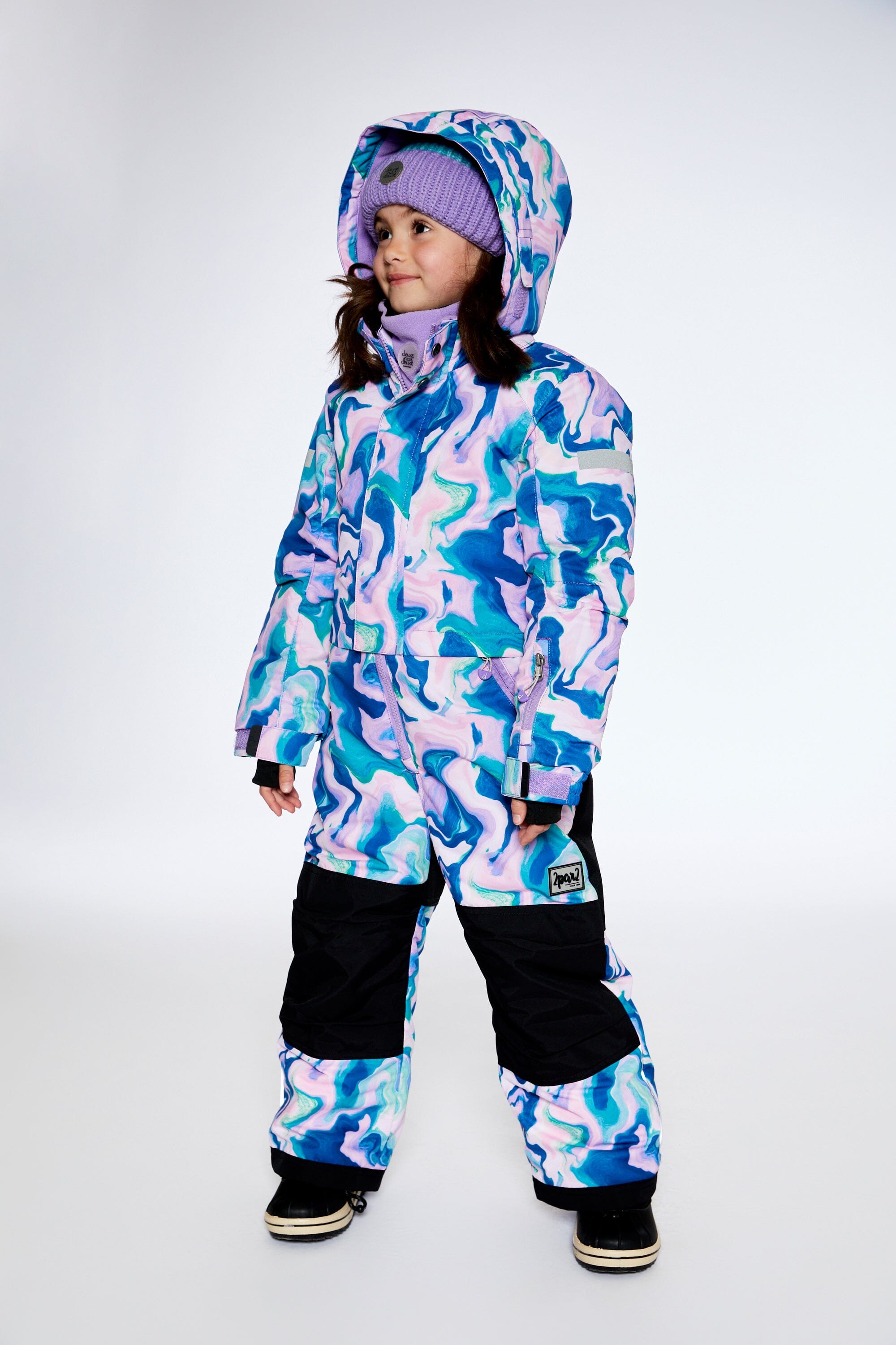 One Piece Snowsuit Aqua With Marbled Print Snowsuits Deux par Deux 