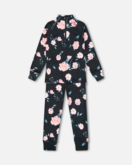 Two Piece Black Thermal Underwear Set With Rose Print Winter Accessories Deux par Deux 