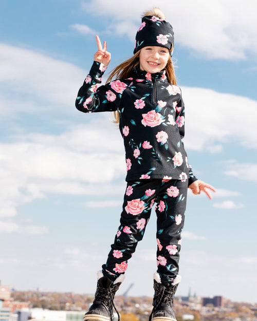 Two Piece Black Thermal Underwear Set With Rose Print Winter Accessories Deux par Deux 