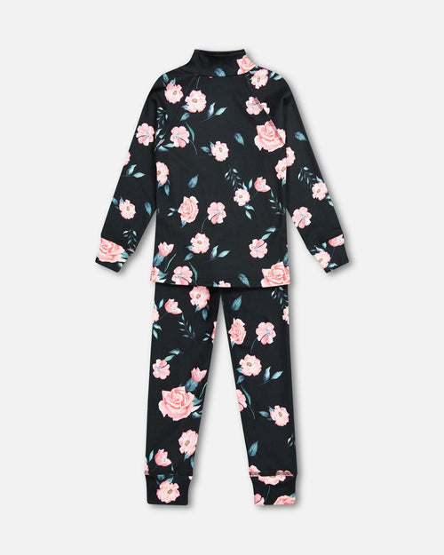 Two Piece Black Thermal Underwear Set With Rose Print Winter Accessories Deux par Deux 