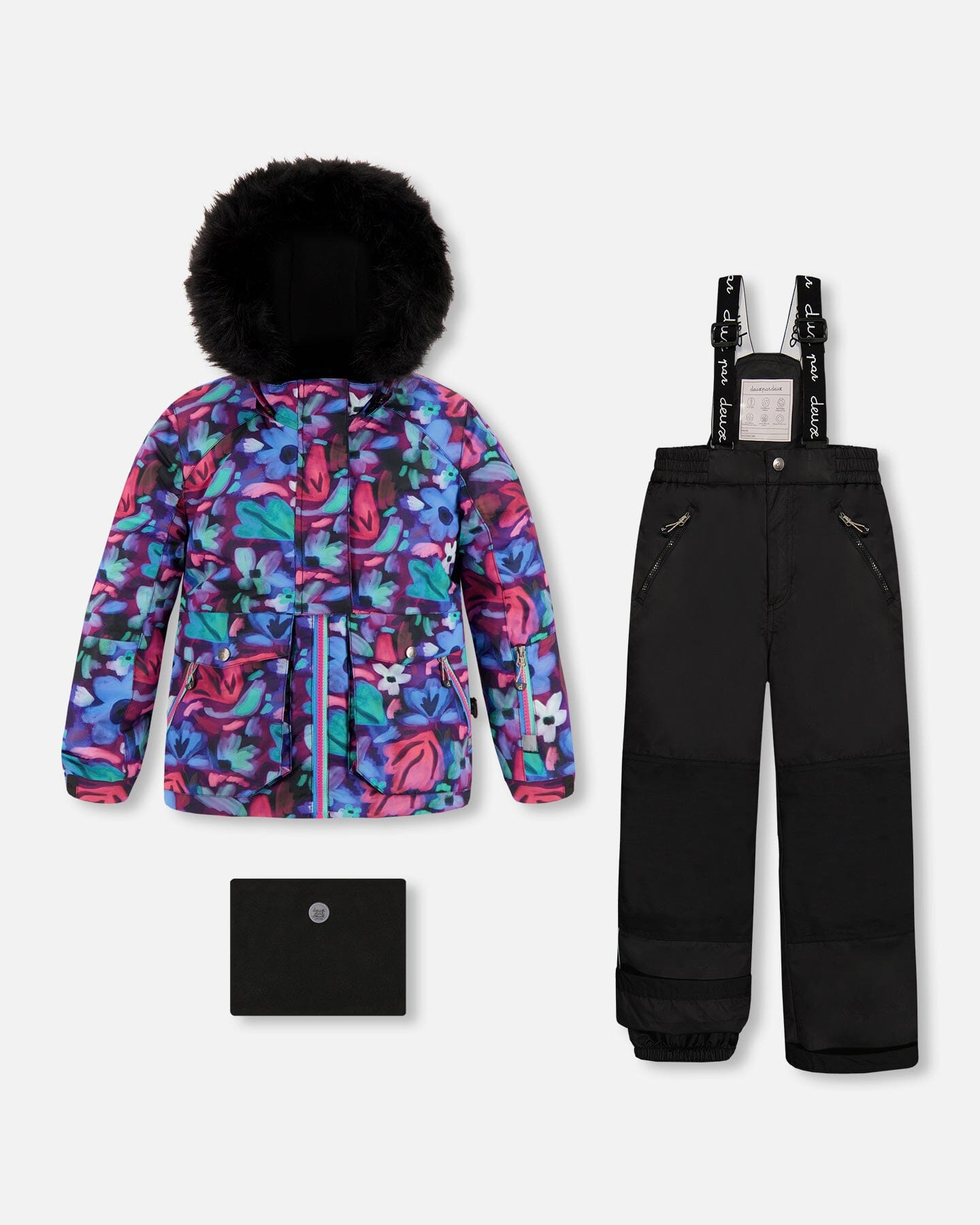 Two Piece Black Snowsuit With Abstract Flower Print Snowsuits Deux par Deux 