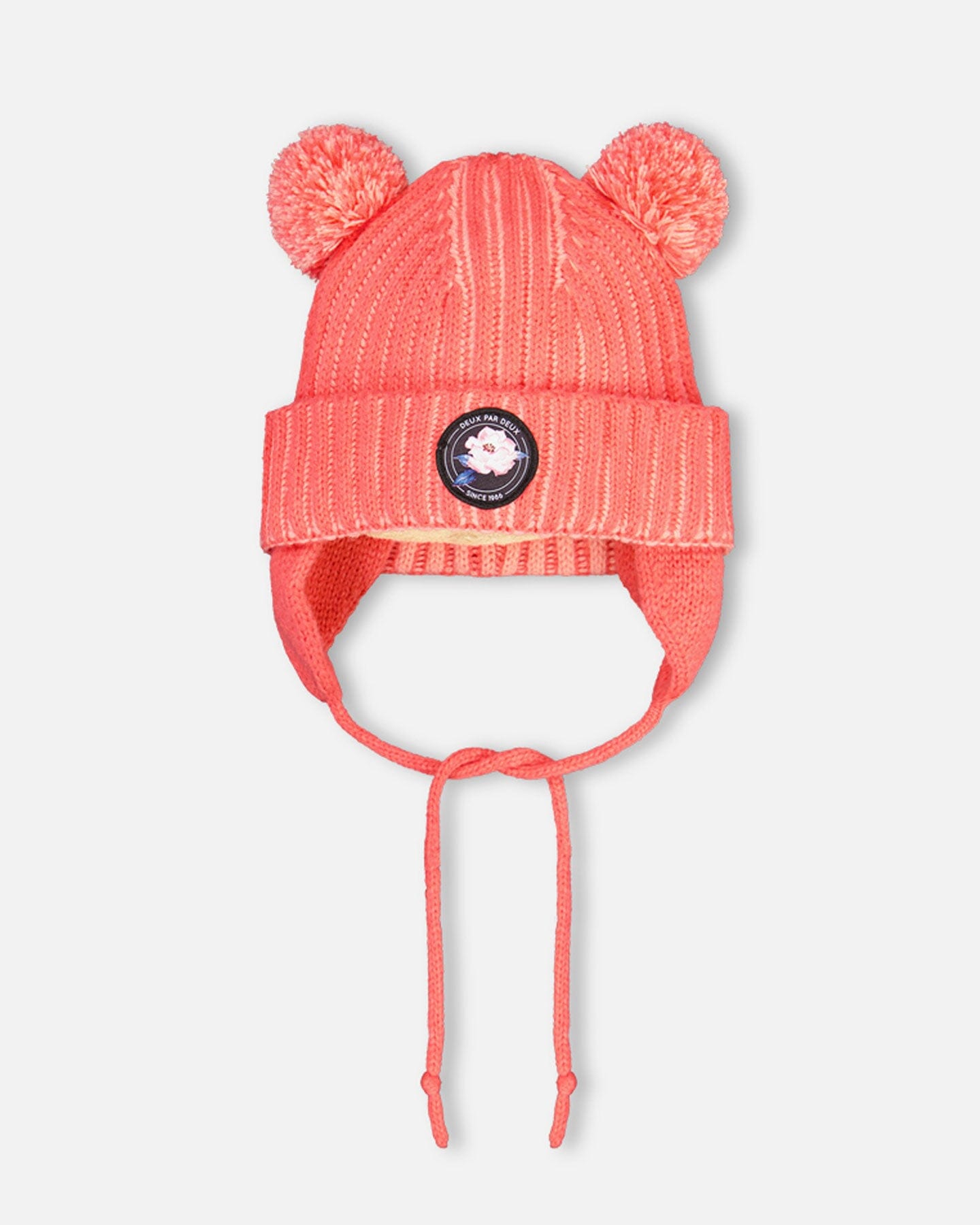 Two Pompoms Knit Hat With Earflap In Coral Winter Accessories Deux par Deux 