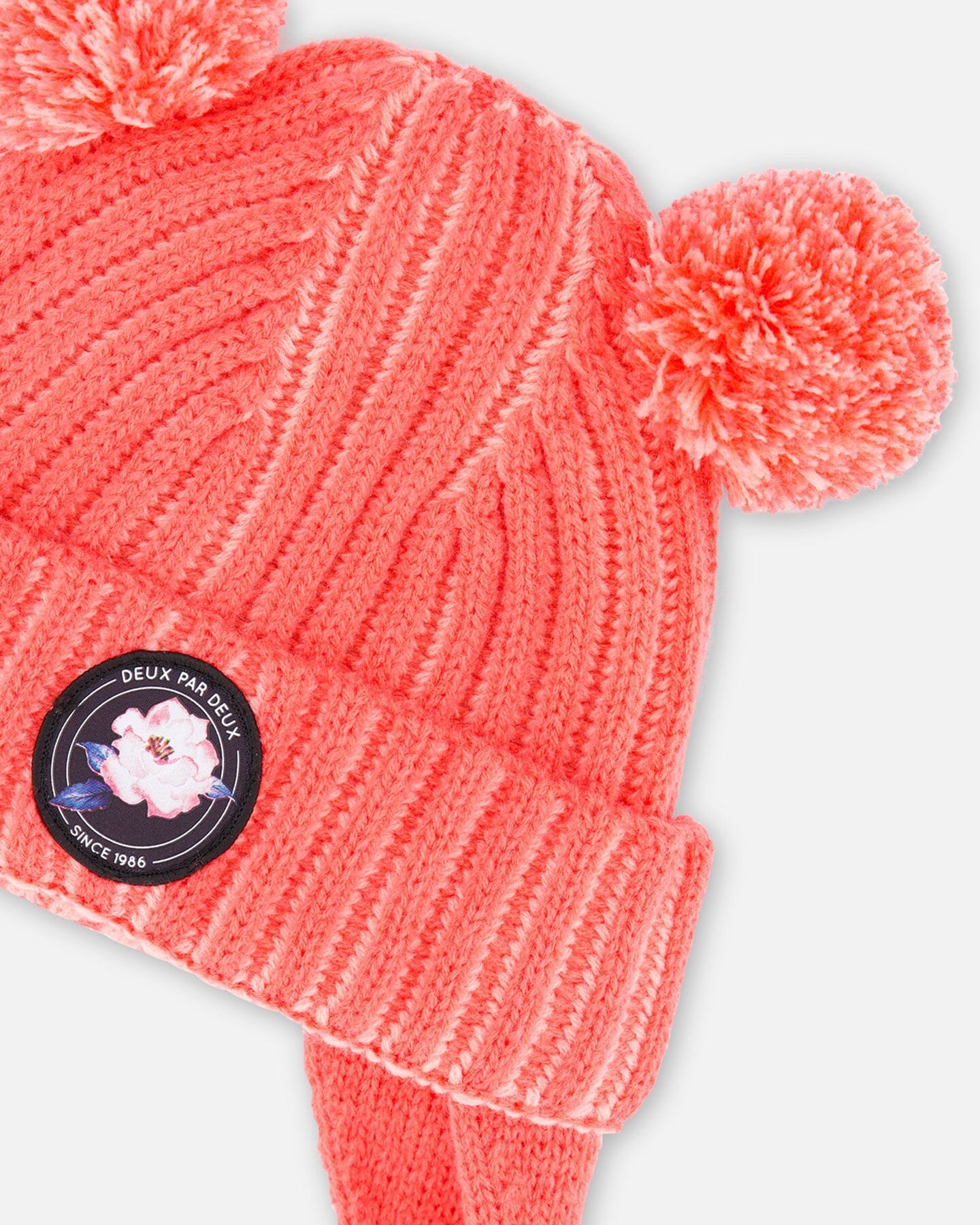 Two Pompoms Knit Hat With Earflap In Coral - F10ZC02_000