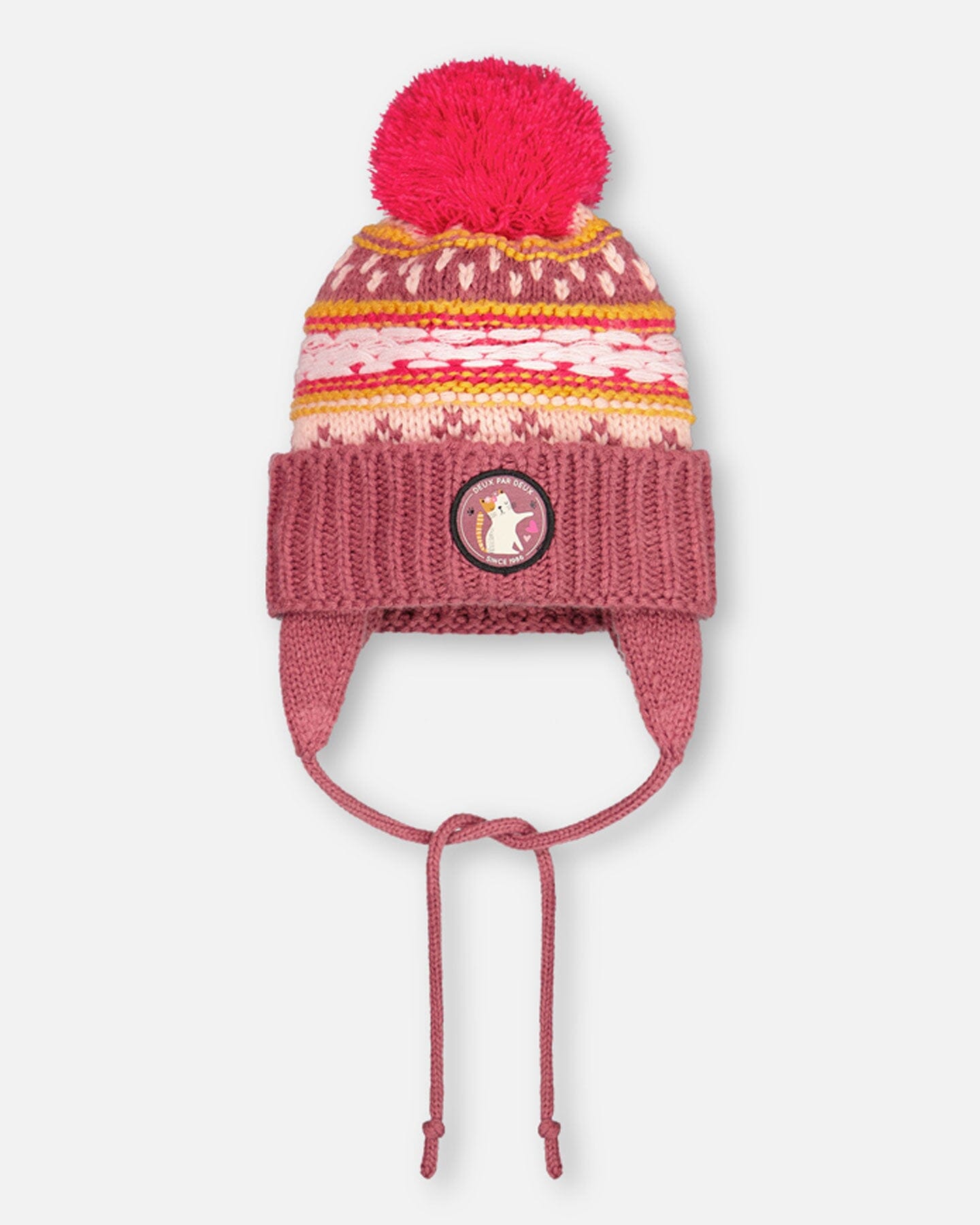 Winter-Bommel-Strickmütze mit Ohrenklappe, lila und rosa, Winter-Accessoires Deux par Deux 