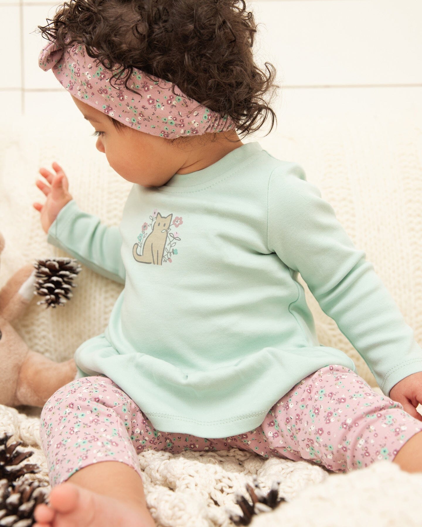 Organic Cotton Tunic And Printed Legging Set Mint And Mauve Little Flower Print - F20A10_339