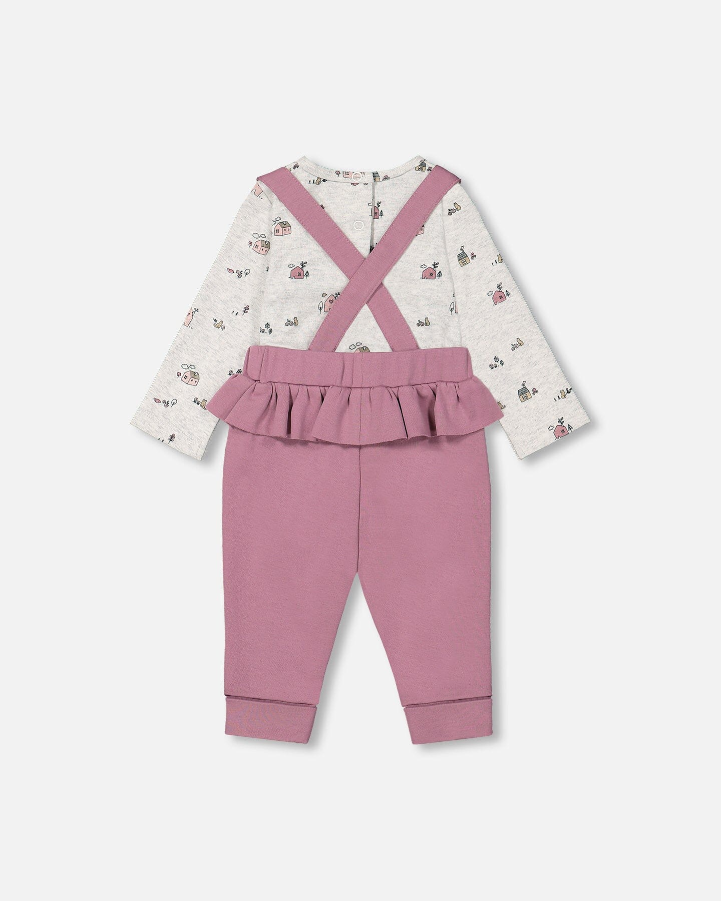 Organic Cotton Printed Onesie And Grow-With-Me Suspender Pant Set Mauve And Beige Little House Print - F20A12_041