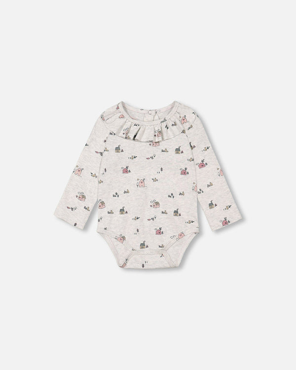 Organic Cotton Printed Onesie And Grow-With-Me Suspender Pant Set Mauve And Beige Little House Print - F20A12_041