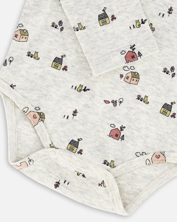 Organic Cotton Printed Onesie And Grow-With-Me Suspender Pant Set Mauve And Beige Little House Print - F20A12_041