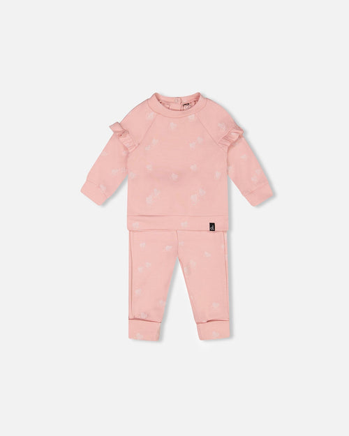 Organic Cotton Printed Top And Pants Set Powder Pink Little Heart Of Wool Sets Deux par Deux 