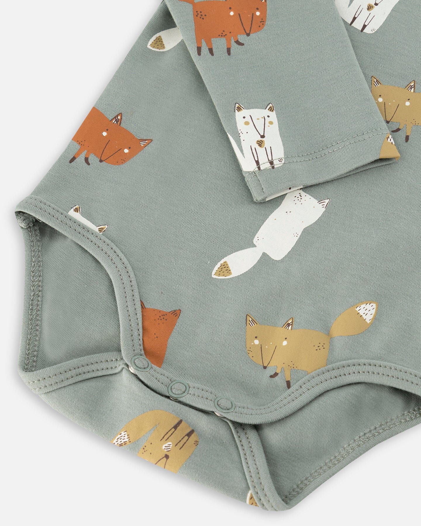 Organic Cotton Printed Onesie And Suspender Pant Set Sage Green Sly Little Fox Print And Mocha Sets Deux par Deux 