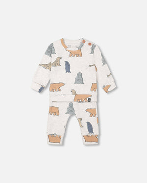 Organic Cotton Printed Top And Grow-With-Me Pants Set Oatmeal Arctic Friends - F20D10_032