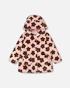Jacquard Faux Fur Hooded Coat Pink With Brown Flower - F20F50_000