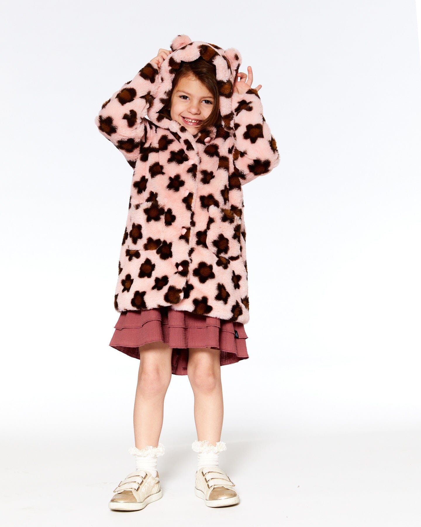 Jacquard Faux Fur Hooded Coat Pink With Brown Flower - F20F50_000