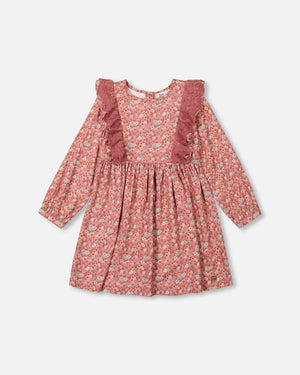 Printed Woven Dress With Frills Dusty Mauve Floral Print - F20G88_031