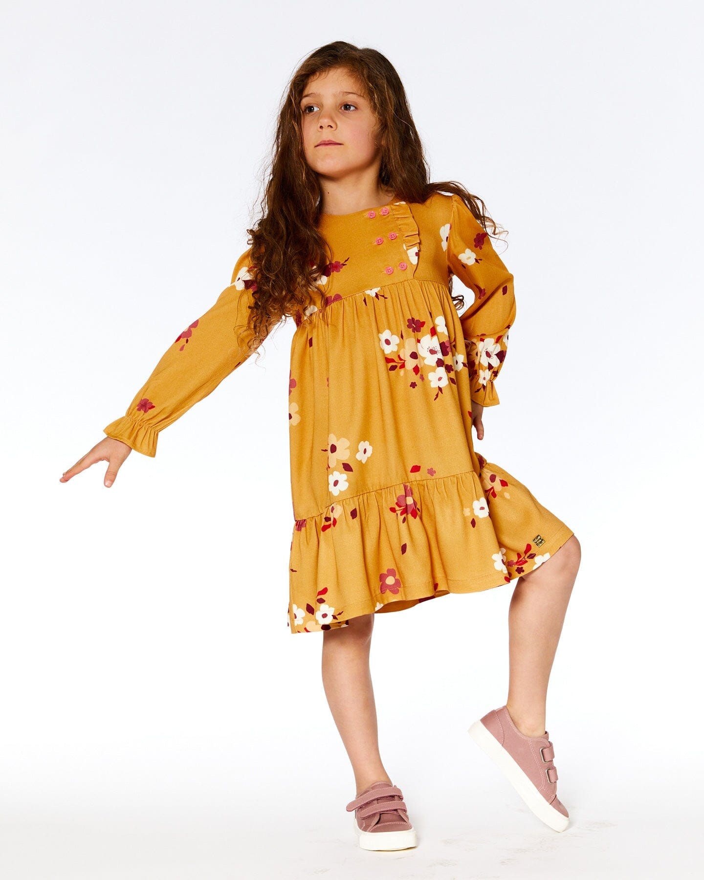 Peasant Woven Dress With Frills Yellow Ochre Floral Print - F20H87_028