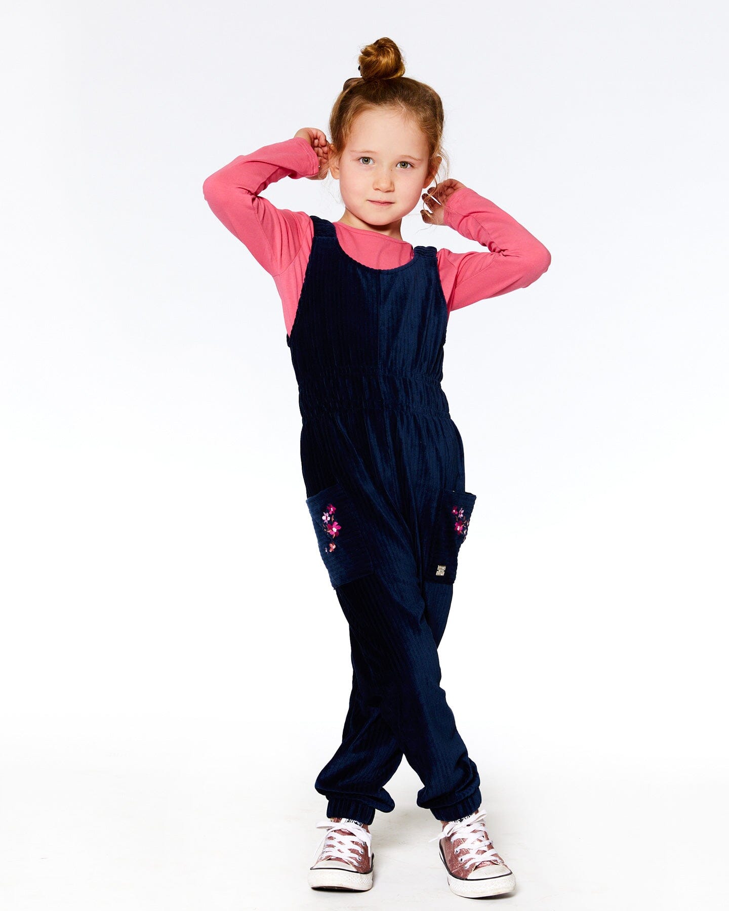 Velvet Ribbed Overalls With Embroidery Dark Navy - F20I41_499