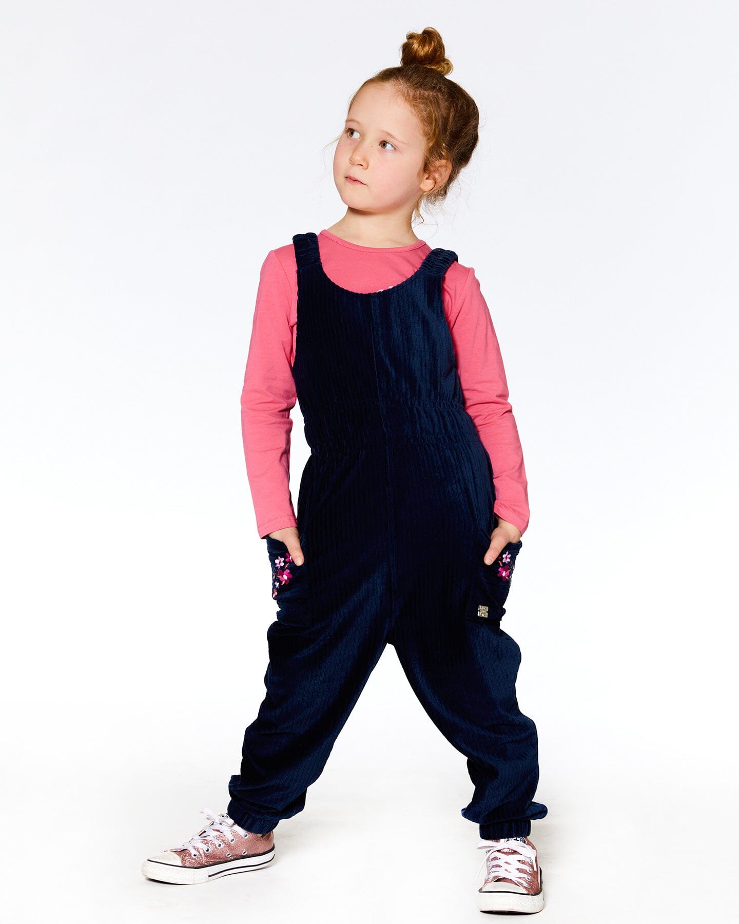 Velvet Ribbed Overalls With Embroidery Dark Navy - F20I41_499