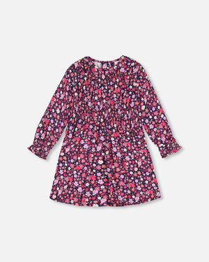 Printed Woven Dress With Puffy Long Sleeves Dark Navy Ditsy Flowers - F20I91_054