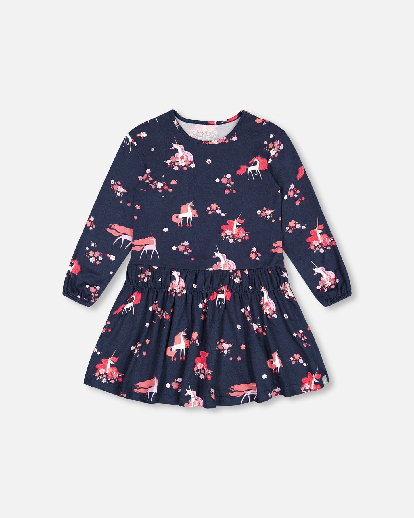 Brushed Jersey Long Sleeve Dress Navy Flowery Unicorn Print - F20I92_019